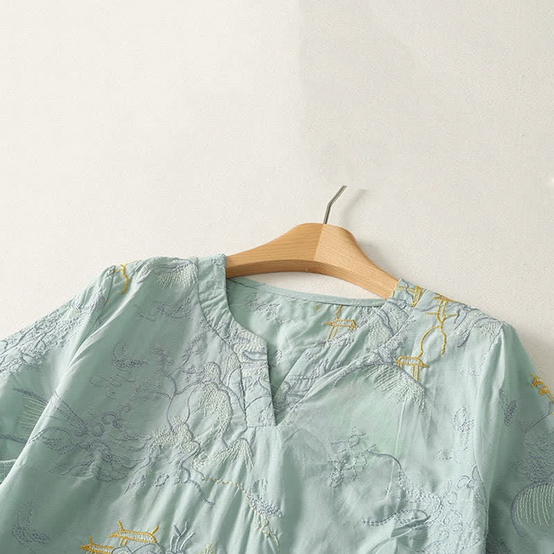 Buddha Stones Robe midi d'été en coton à manches courtes, col en V et imprimé floral, avec poches - image 13