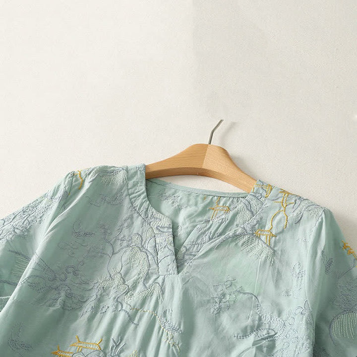 Buddha Stones Robe midi d'été en coton à manches courtes, col en V et imprimé floral, avec poches - image 13