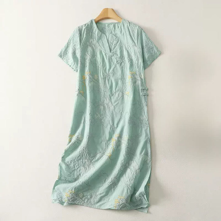 Buddha Stones Robe midi d'été en coton à manches courtes, col en V et imprimé floral, avec poches - Turquoise pâle - US8-10，UK/AU12-14，EU40-42 (2XL) - image 11