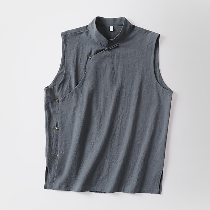 Buddha Stones Gilet sans manches d'été pour homme en coton et lin, col montant et boutons brandebourg, couleur unie - image 11