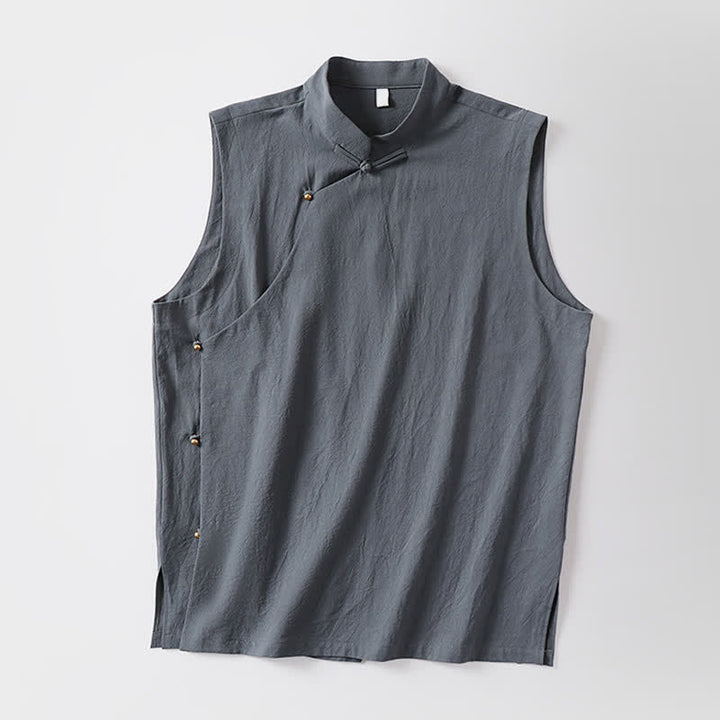Buddha Stones Gilet sans manches d'été pour homme en coton et lin, col montant et boutons brandebourg, couleur unie - image 11