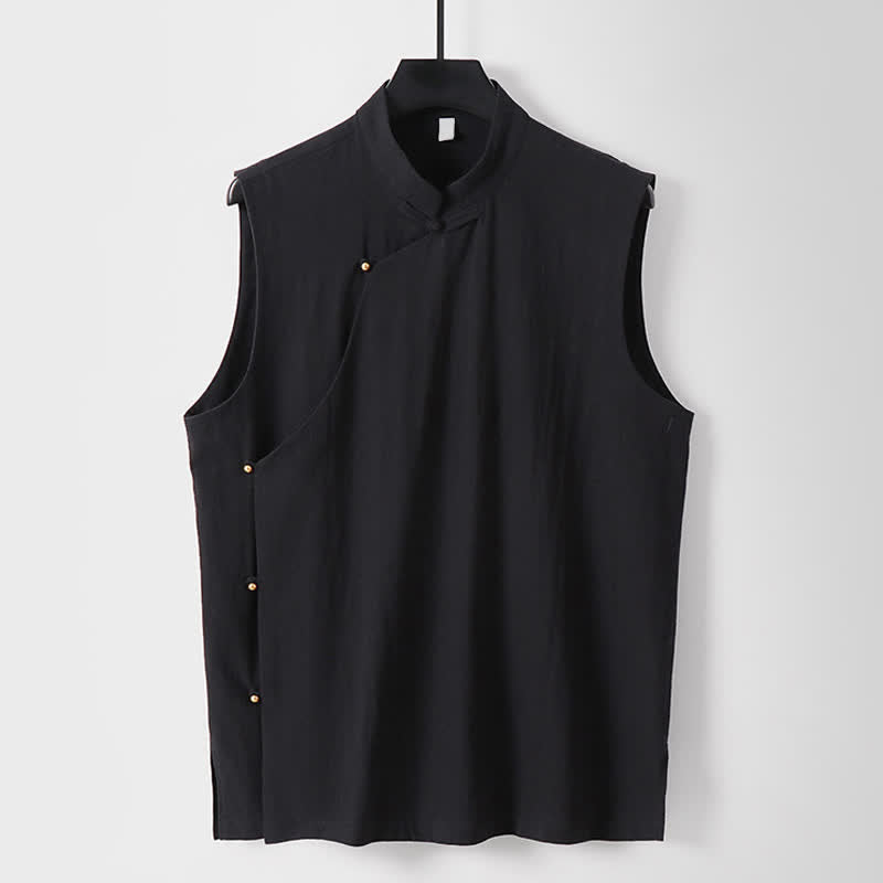 Buddha Stones Gilet sans manches d'été pour homme en coton et lin, col montant et boutons brandebourg, couleur unie - Noir - US/UK/AU56，EU66(9XL) - image 12