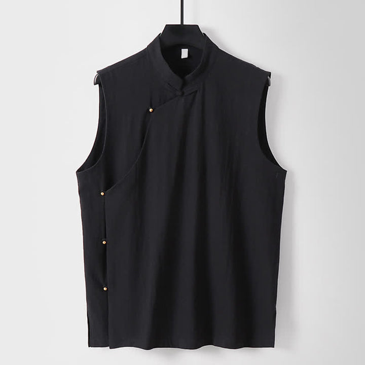 Buddha Stones Gilet sans manches d'été pour homme en coton et lin, col montant et boutons brandebourg, couleur unie - Noir - US/UK/AU56，EU66(9XL) - image 12