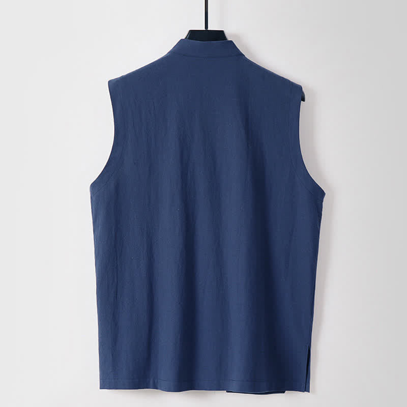 Buddha Stones Gilet sans manches d'été pour homme en coton et lin, col montant et boutons brandebourg, couleur unie - image 1