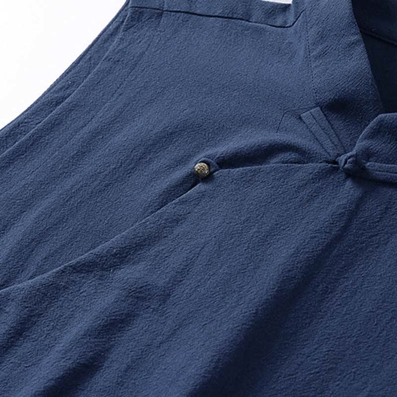 Buddha Stones Gilet sans manches d'été pour homme en coton et lin, col montant et boutons brandebourg, couleur unie - image 3