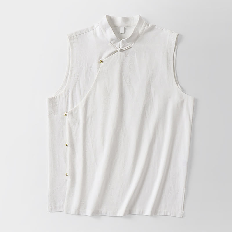 Buddha Stones Gilet sans manches d'été pour homme en coton et lin, col montant et boutons brandebourg, couleur unie - image 9