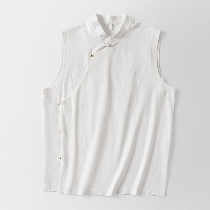 Buddha Stones Gilet sans manches d'été pour homme en coton et lin, col montant et boutons brandebourg, couleur unie - image 9