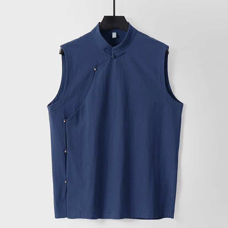 Buddha Stones Gilet sans manches d'été pour homme en coton et lin, col montant et boutons brandebourg, couleur unie - Bleu foncé - US/UK/AU56，EU66(9XL) - image 0