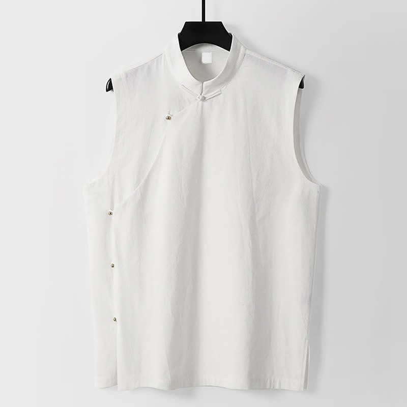 Buddha Stones Gilet sans manches d'été pour homme en coton et lin, col montant et boutons brandebourg, couleur unie - Blanc - US/UK/AU56，EU66(9XL) - image 8