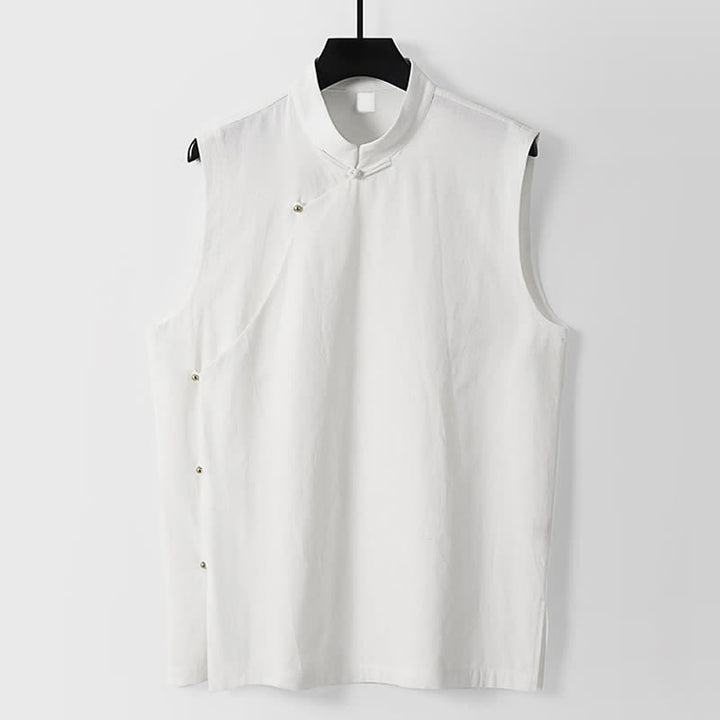 Buddha Stones Gilet sans manches d'été pour homme en coton et lin, col montant et boutons brandebourg, couleur unie - Blanc - US/UK/AU56，EU66(9XL) - image 8