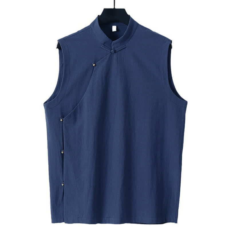 Buddha Stones Gilet sans manches d'été pour homme en coton et lin, col montant et boutons brandebourg, couleur unie - image 7