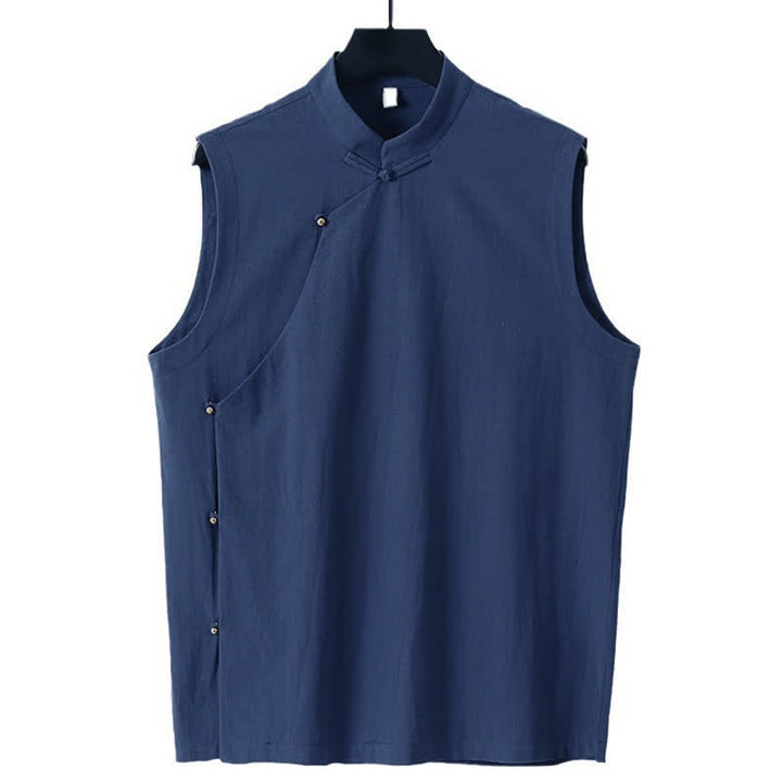 Buddha Stones Gilet sans manches d'été pour homme en coton et lin, col montant et boutons brandebourg, couleur unie - image 7