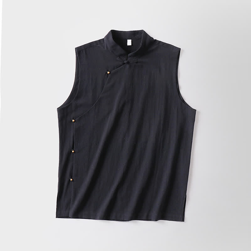 Buddha Stones Gilet sans manches d'été pour homme en coton et lin, col montant et boutons brandebourg, couleur unie - image 13