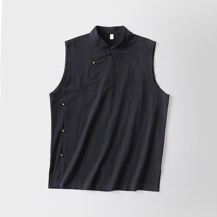 Buddha Stones Gilet sans manches d'été pour homme en coton et lin, col montant et boutons brandebourg, couleur unie - image 13