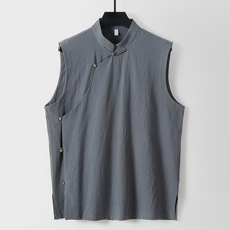 Buddha Stones Gilet sans manches d'été pour homme en coton et lin, col montant et boutons brandebourg, couleur unie - Gris ardoise clair - US/UK/AU56，EU66(9XL) - image 10
