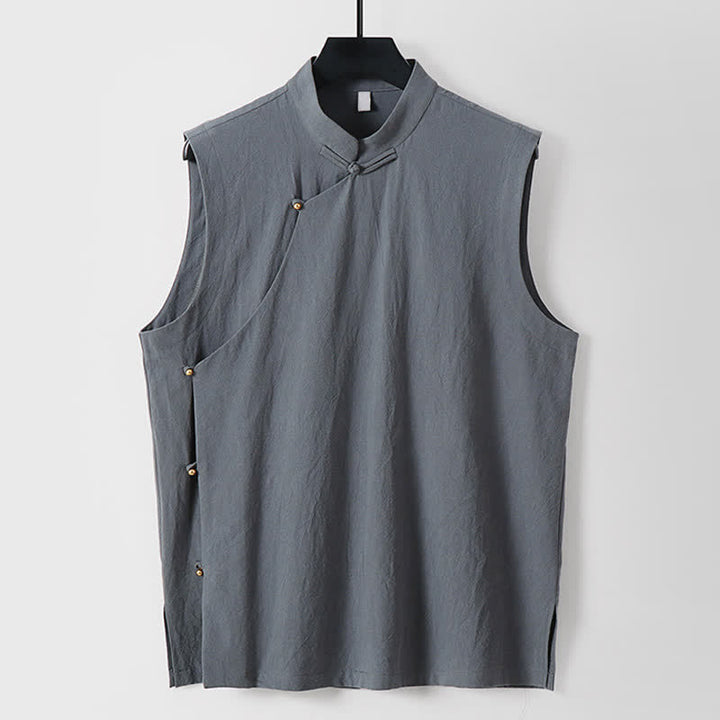 Buddha Stones Gilet sans manches d'été pour homme en coton et lin, col montant et boutons brandebourg, couleur unie - Gris ardoise clair - US/UK/AU56，EU66(9XL) - image 10