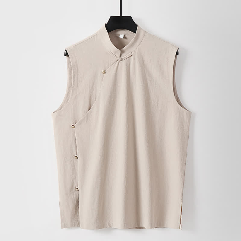 Buddha Stones Gilet sans manches d'été pour homme en coton et lin, col montant et boutons brandebourg, couleur unie - OldLace - US/UK/AU56，EU66(9XL) - image 14