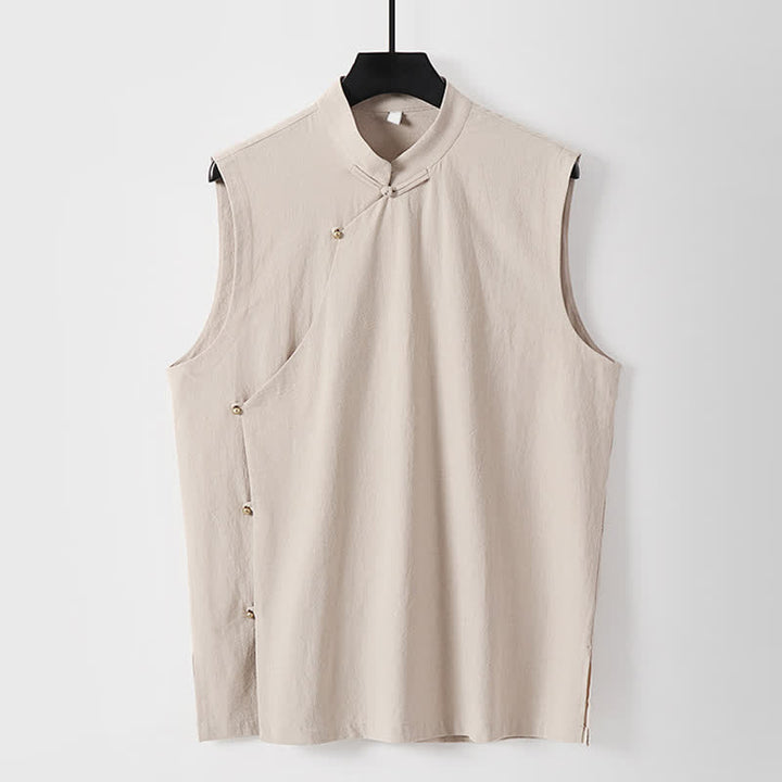 Buddha Stones Gilet sans manches d'été pour homme en coton et lin, col montant et boutons brandebourg, couleur unie - OldLace - US/UK/AU56，EU66(9XL) - image 14
