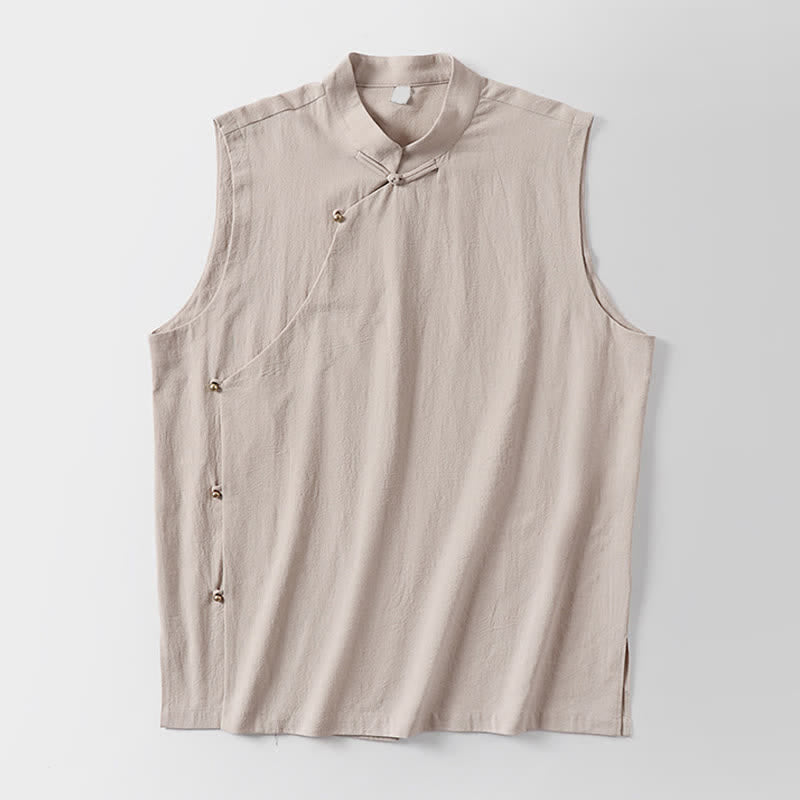 Buddha Stones Gilet sans manches d'été pour homme en coton et lin, col montant et boutons brandebourg, couleur unie - image 15
