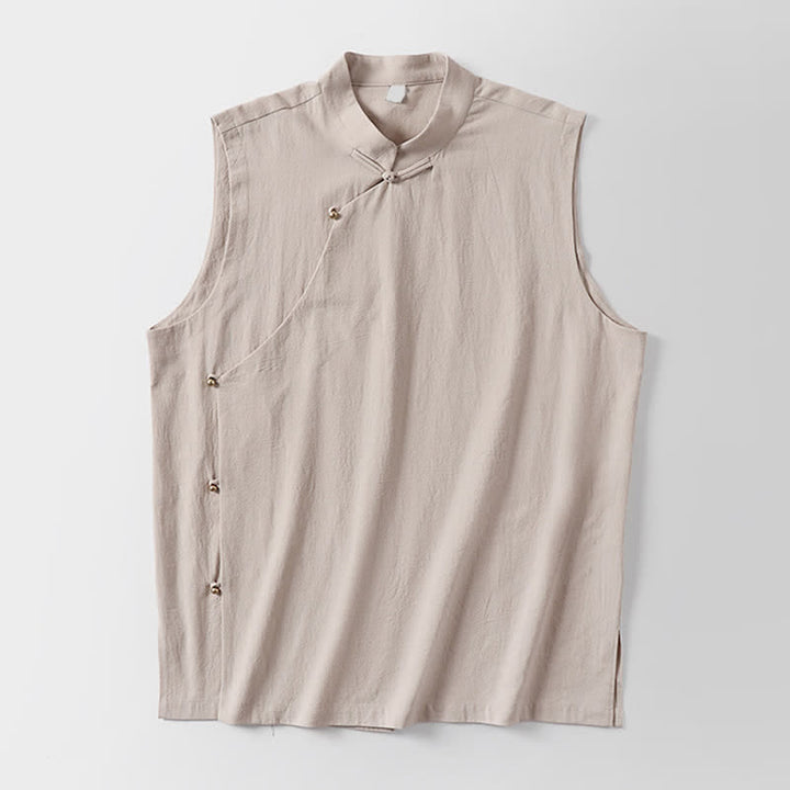 Buddha Stones Gilet sans manches d'été pour homme en coton et lin, col montant et boutons brandebourg, couleur unie - image 15