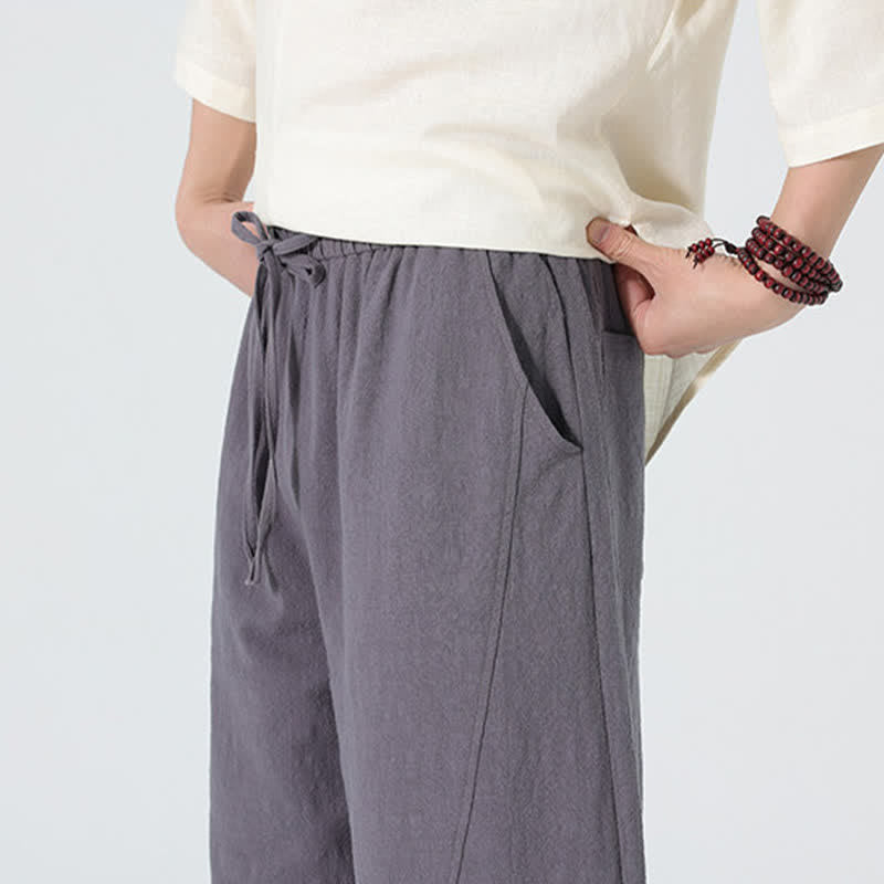 Buddha Stones Pantalon en coton uni pour homme, à cordon de serrage et poches, coloris printemps - image 4