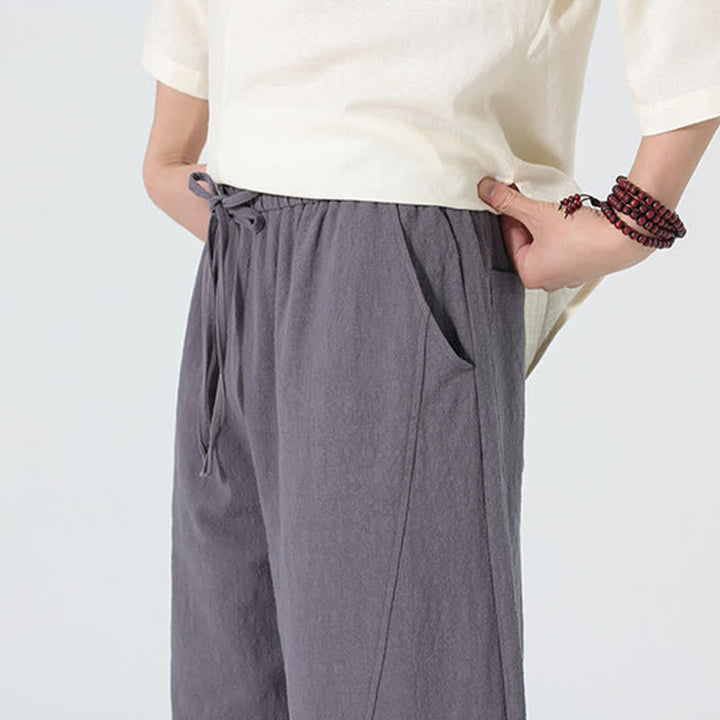 Buddha Stones Pantalon en coton uni pour homme, à cordon de serrage et poches, coloris printemps - image 4