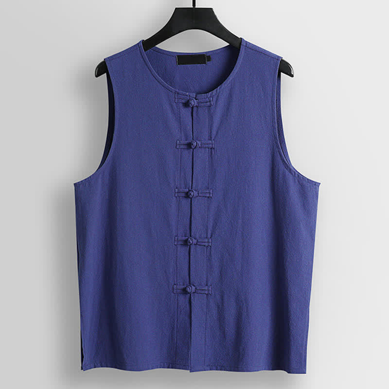 Buddha Stones Gilet sans manches pour homme en coton et lin, col rond et boutons grenouille rétro - Bleu ardoise - US/UK/AU56，EU66(9XL) - image 10