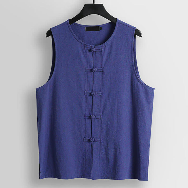 Buddha Stones Gilet sans manches pour homme en coton et lin, col rond et boutons grenouille rétro - Bleu ardoise - US/UK/AU56，EU66(9XL) - image 10