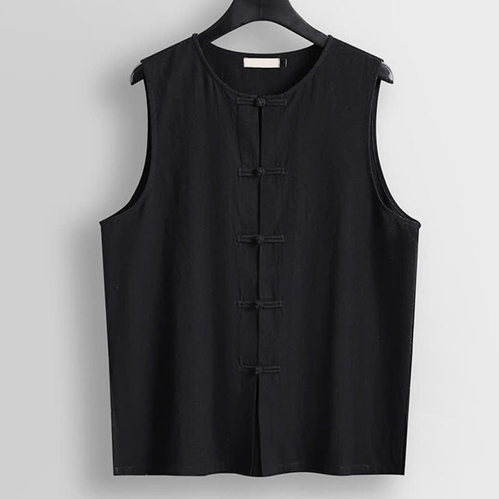 Buddha Stones Gilet sans manches pour homme en coton et lin, col rond et boutons grenouille rétro - Noir - US/UK/AU56，EU66(9XL) - image 9