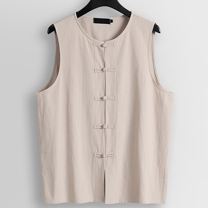 Buddha Stones Gilet sans manches pour homme en coton et lin, col rond et boutons grenouille rétro - Amandes blanchies - US/UK/AU56，EU66(9XL) - image 0