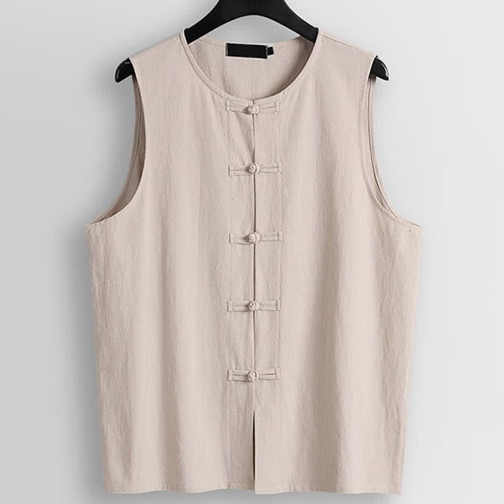 Buddha Stones Gilet sans manches pour homme en coton et lin, col rond et boutons grenouille rétro - Amandes blanchies - US/UK/AU56，EU66(9XL) - image 0