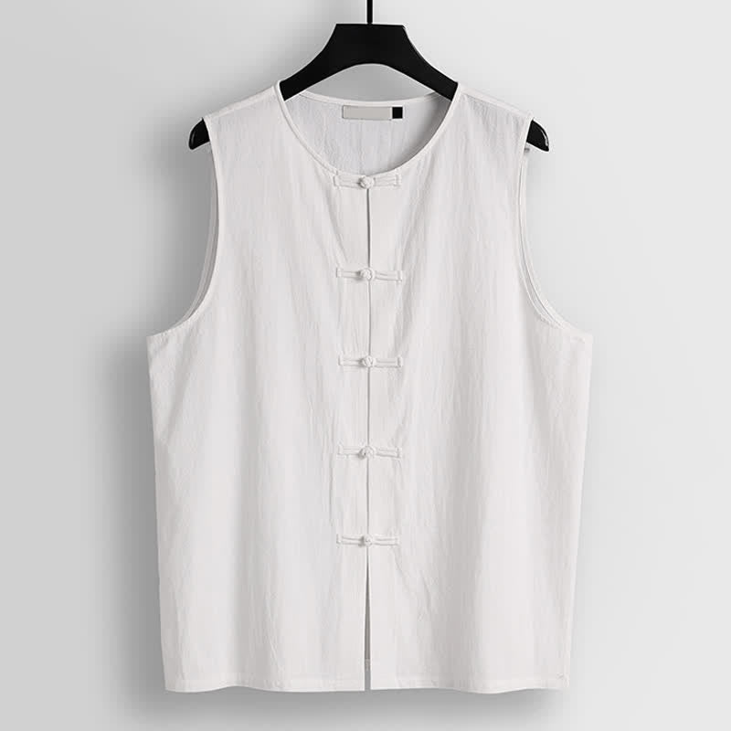 Buddha Stones Gilet sans manches pour homme en coton et lin, col rond et boutons grenouille rétro - Blanc - US/UK/AU56，EU66(9XL) - image 7