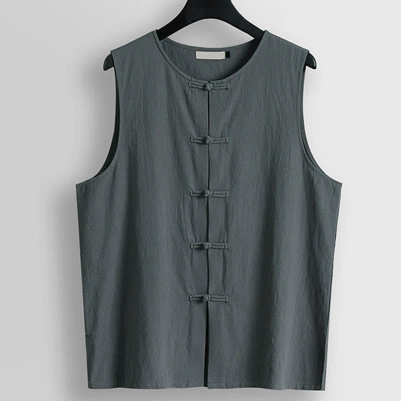 Buddha Stones Gilet sans manches pour homme en coton et lin, col rond et boutons grenouille rétro - Gris ardoise clair - US/UK/AU56，EU66(9XL) - image 8