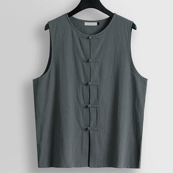 Buddha Stones Gilet sans manches pour homme en coton et lin, col rond et boutons grenouille rétro - Gris ardoise clair - US/UK/AU56，EU66(9XL) - image 8