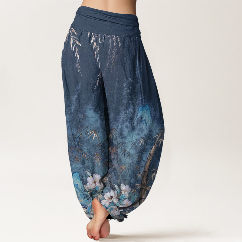 Buddha Stones Pantalon harem femme en coton à motif de fleurs de bambou et paysage naturel, taille élastique - image 2