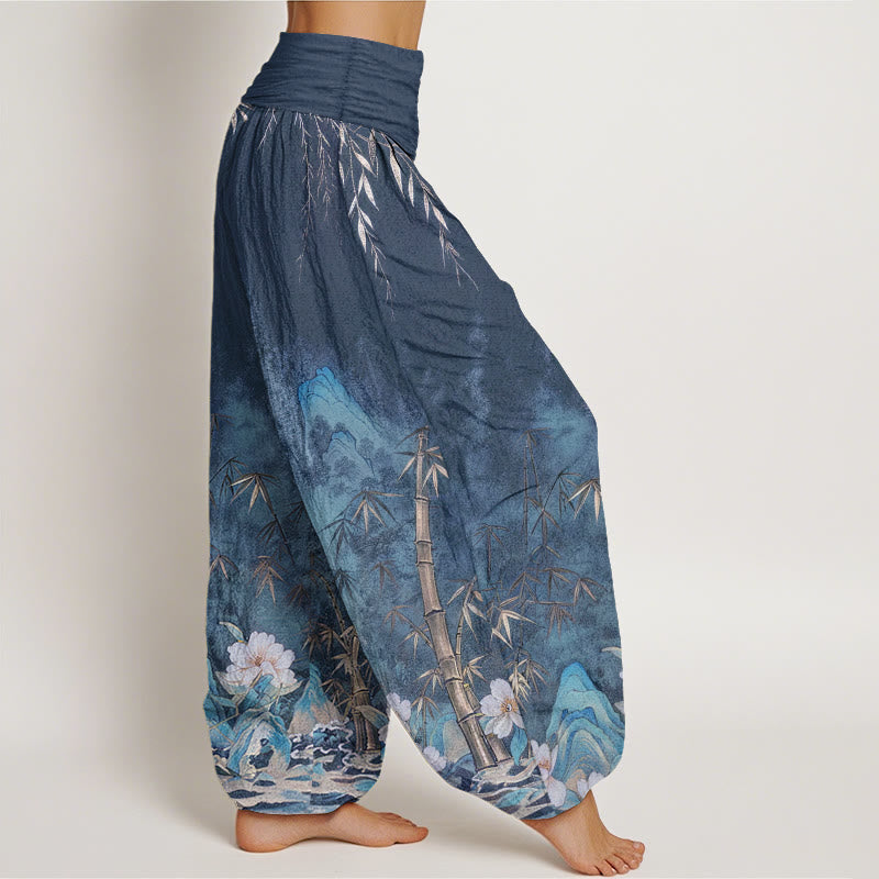 Buddha Stones Pantalon harem femme en coton à motif de fleurs de bambou et paysage naturel, taille élastique - image 1
