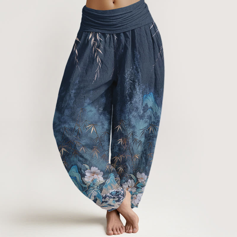 Buddha Stones Pantalon harem femme en coton à motif de fleurs de bambou et paysage naturel, taille élastique - SteelBlue - US16，UK/AU20，EU48 (3XL) - image 0