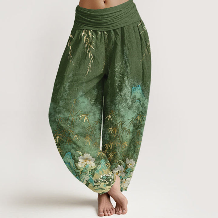 Buddha Stones Pantalon harem femme en coton à motif de fleurs de bambou et paysage naturel, taille élastique - Vert foncé - US16，UK/AU20，EU48 (3XL) - image 5