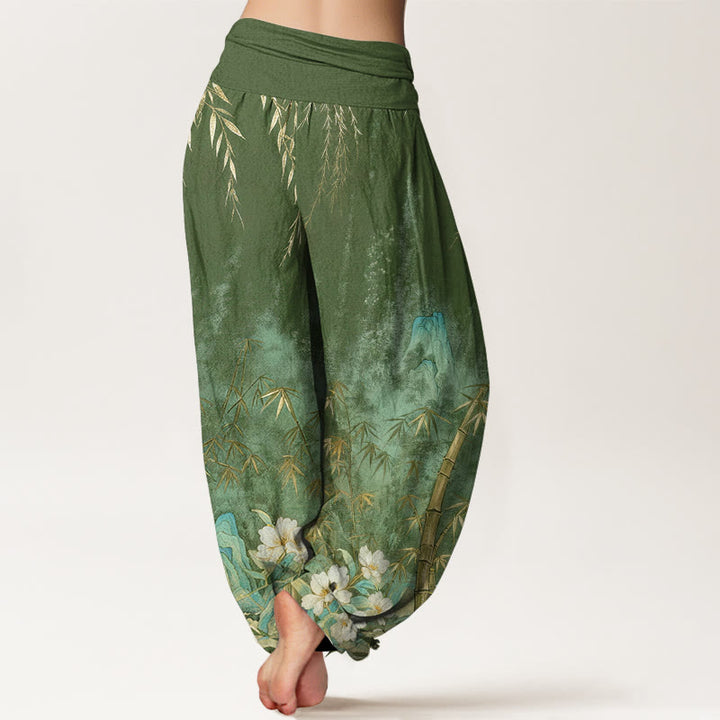 Buddha Stones Pantalon harem femme en coton à motif de fleurs de bambou et paysage naturel, taille élastique - image 7