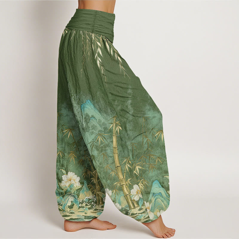 Buddha Stones Pantalon harem femme en coton à motif de fleurs de bambou et paysage naturel, taille élastique - image 6