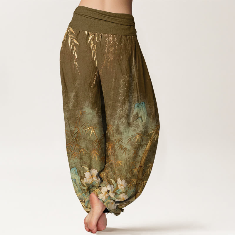 Buddha Stones Pantalon harem femme en coton à motif de fleurs de bambou et paysage naturel, taille élastique - image 10