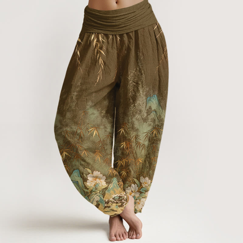 Buddha Stones Pantalon harem femme en coton à motif de fleurs de bambou et paysage naturel, taille élastique - DarkGoldenrod - US16，UK/AU20，EU48 (3XL) - image 8