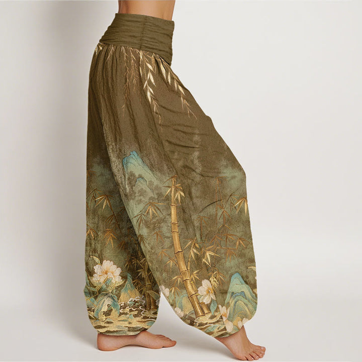Buddha Stones Pantalon harem femme en coton à motif de fleurs de bambou et paysage naturel, taille élastique - image 9