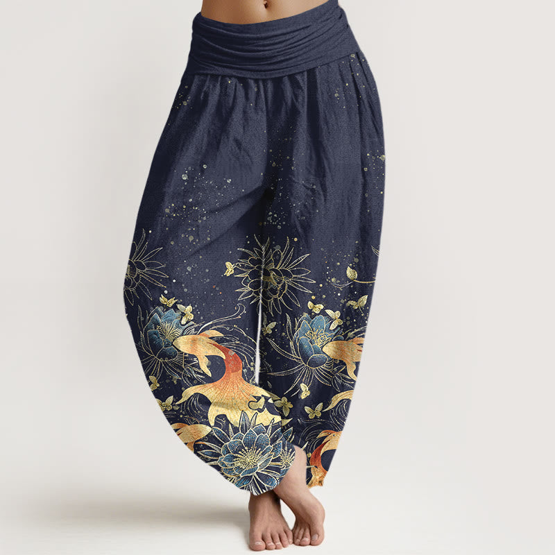 Buddha Stones Pantalon harem à taille élastique pour femme, en coton, motif papillons, carpes koï et lotus - Bleu nuit - US16，UK/AU20，EU48 (3XL) - image 0