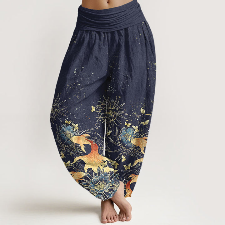 Buddha Stones Pantalon harem à taille élastique pour femme, en coton, motif papillons, carpes koï et lotus - Bleu nuit - US16，UK/AU20，EU48 (3XL) - image 0