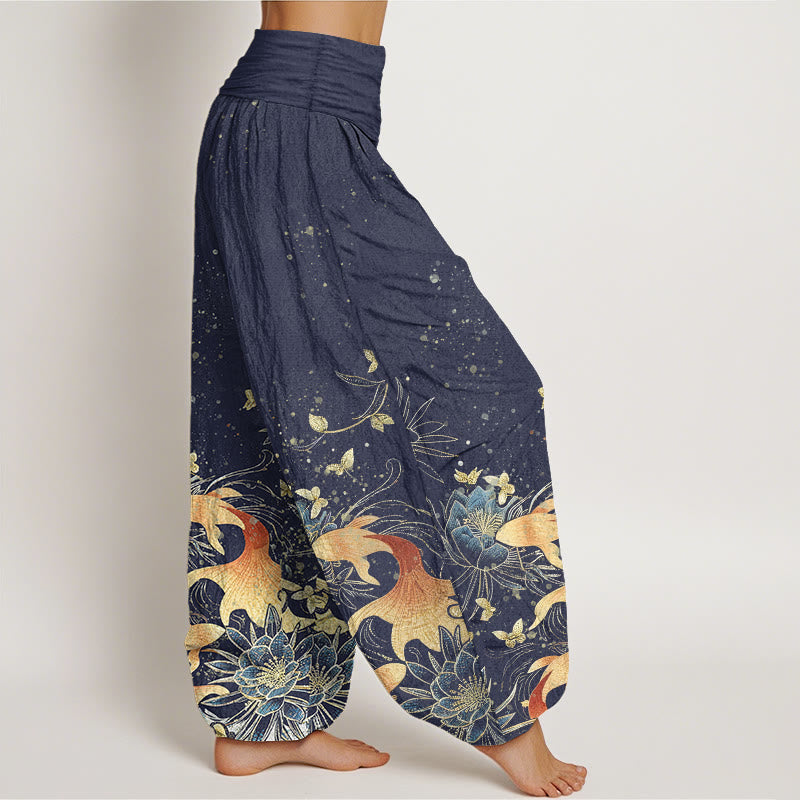 Buddha Stones Pantalon harem à taille élastique pour femme, en coton, motif papillons, carpes koï et lotus - image 1