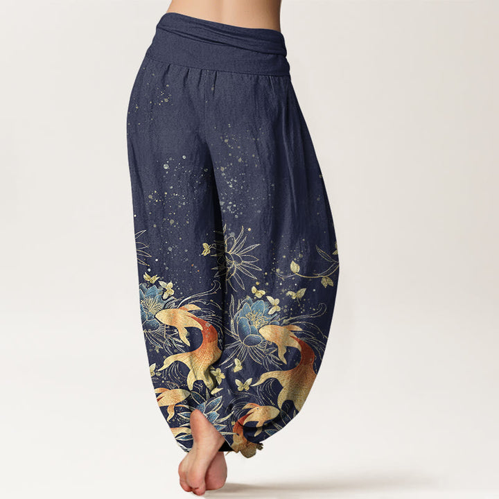 Buddha Stones Pantalon harem à taille élastique pour femme, en coton, motif papillons, carpes koï et lotus - image 2