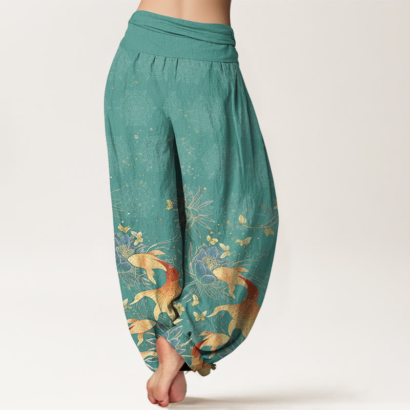 Buddha Stones Pantalon harem à taille élastique pour femme, en coton, motif papillons, carpes koï et lotus - image 7