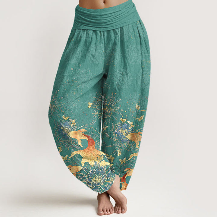 Buddha Stones Pantalon harem à taille élastique pour femme, en coton, motif papillons, carpes koï et lotus - CadetBlue - US16，UK/AU20，EU48 (3XL) - image 5