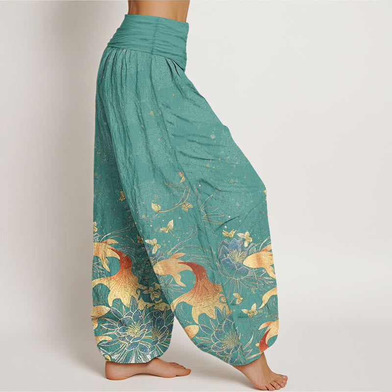 Buddha Stones Pantalon harem à taille élastique pour femme, en coton, motif papillons, carpes koï et lotus - image 6